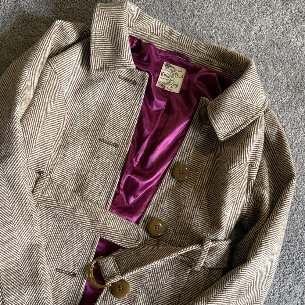 Anthropologie Herringbone Trench Coat with Purple Lining